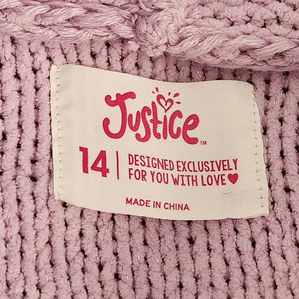 Justice Girls Knitted V-Neck Purple Cropped Sweater w/ Hood